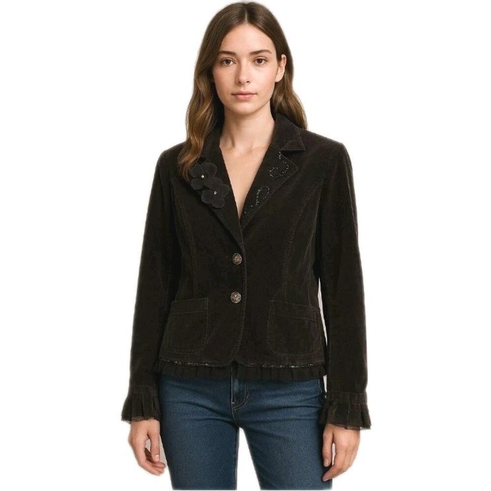 West Pacific ~Woman Size L~ Brown Velvet Embellished Blazer Jacket Unlined.